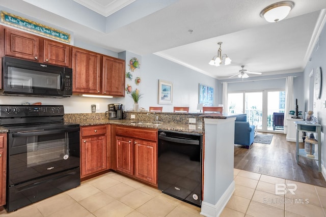 kitchen with crown molding, light tile patterned flooring, a sink, a peninsula, and black appliances