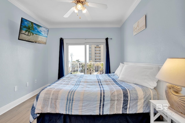 bedroom with baseboards, ceiling fan, wood finished floors, access to exterior, and crown molding