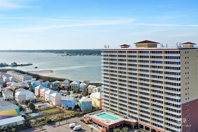 birds eye view of property featuring a water view