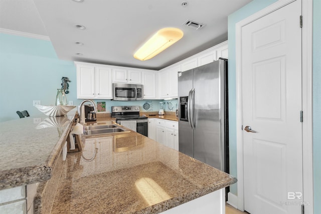 kitchen with visible vents, white cabinets, appliances with stainless steel finishes, a peninsula, and a sink