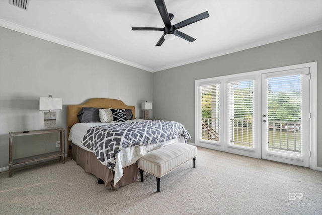 bedroom featuring access to outside, carpet floors, ornamental molding, and baseboards