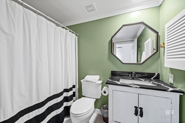 full bathroom featuring ornamental molding, toilet, vanity, baseboards, and tile patterned floors