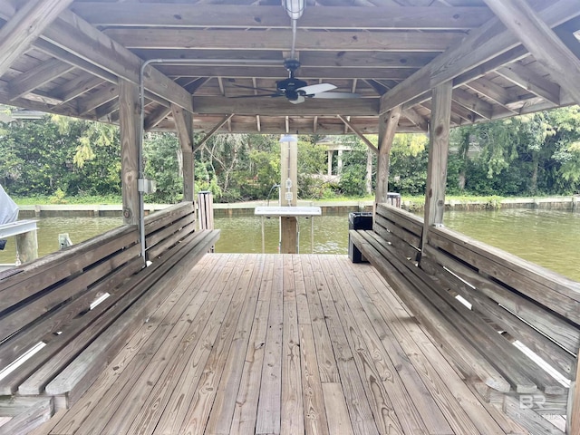 dock featuring view of wooded area and a water view