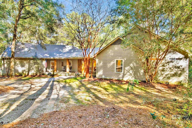 ranch-style home featuring driveway, a porch, and metal roof