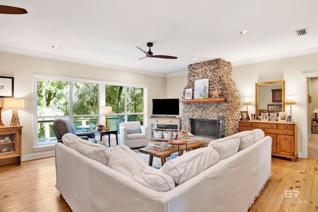 living room featuring a fireplace, light hardwood / wood-style floors, and plenty of natural light