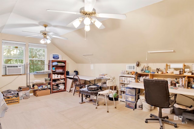 home office with ceiling fan, cooling unit, and lofted ceiling