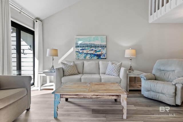 living room with wood-type flooring and lofted ceiling