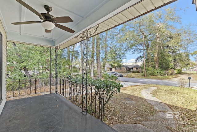 view of patio / terrace with ceiling fan and covered porch