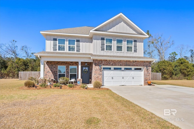 craftsman-style home featuring brick siding, concrete driveway, fence, a garage, and a front lawn