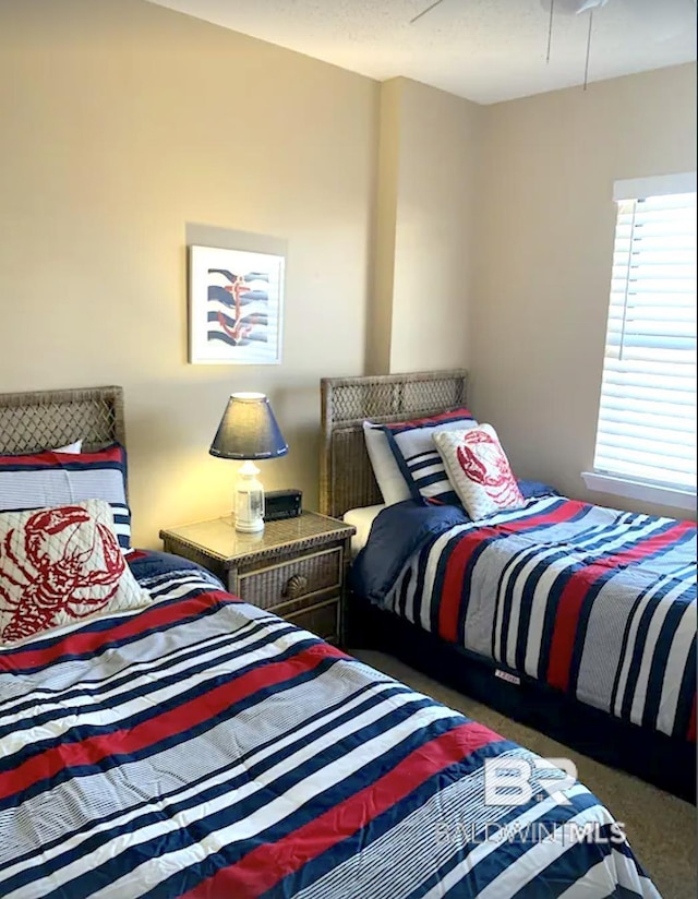 bedroom with dark carpet