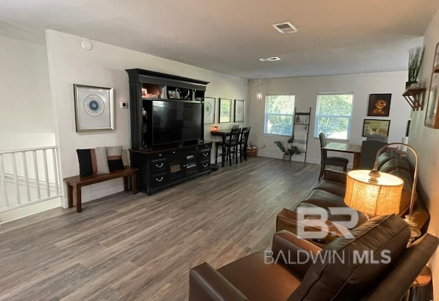 living room with dark hardwood / wood-style flooring