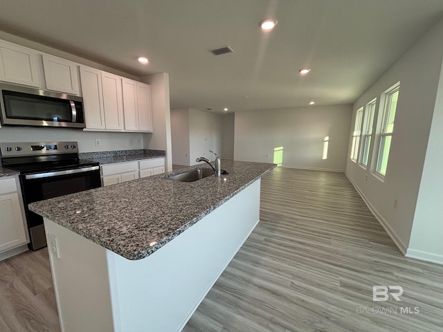 kitchen featuring white cabinetry, sink, a kitchen island with sink, and appliances with stainless steel finishes