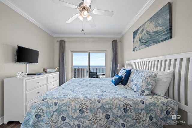 bedroom with ceiling fan, crown molding, hardwood / wood-style floors, and access to exterior