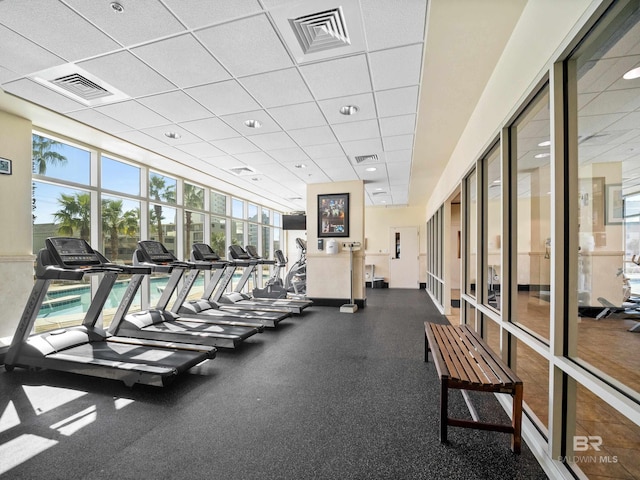 workout area featuring a paneled ceiling and a healthy amount of sunlight