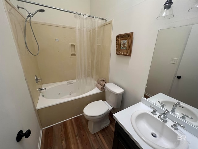 full bathroom with shower / bath combination with curtain, toilet, wood-type flooring, and vanity