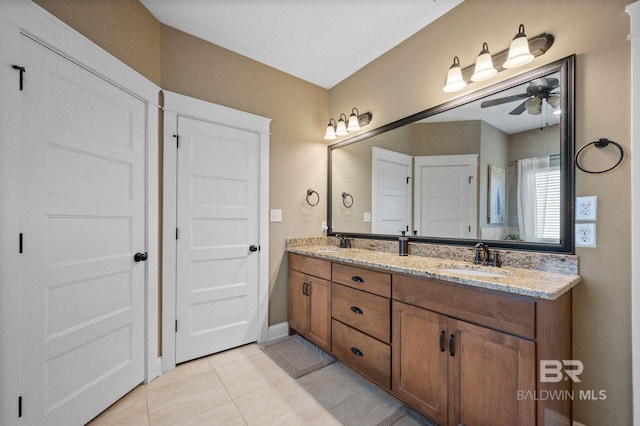 bathroom with vanity, tile patterned floors, and ceiling fan