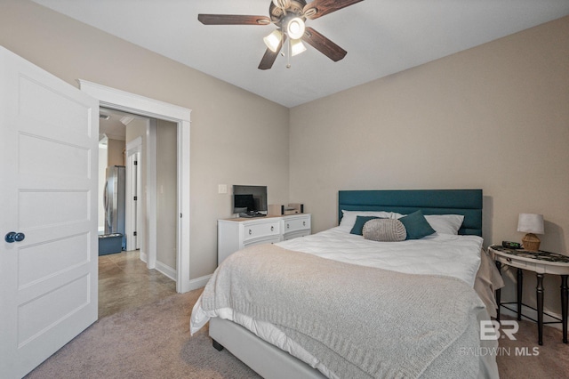 bedroom featuring light carpet and ceiling fan