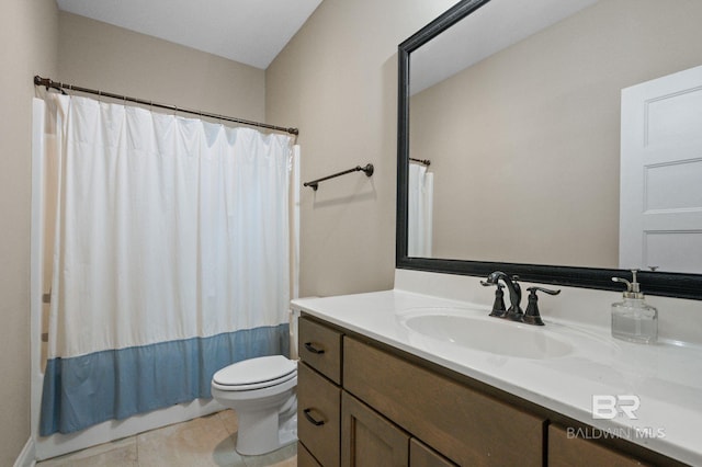 full bathroom with vanity, shower / bath combination with curtain, tile patterned floors, and toilet