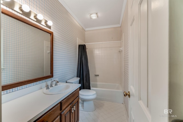 full bathroom with toilet, ornamental molding, shower / tub combo with curtain, tile patterned floors, and vanity