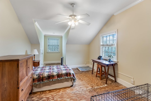 bedroom featuring lofted ceiling, baseboards, crown molding, and wood finished floors