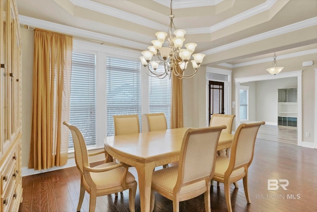 dining area with a healthy amount of sunlight, ornamental molding, a tray ceiling, and hardwood / wood-style floors