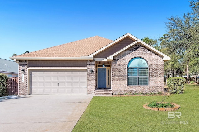 ranch-style home with a garage, driveway, brick siding, and a front yard