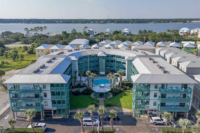 drone / aerial view with a water view