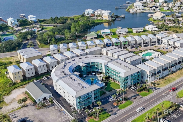 bird's eye view with a water view