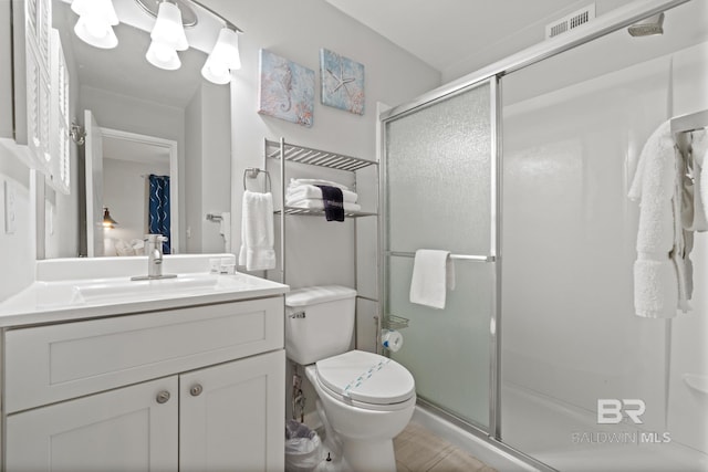 full bath with visible vents, toilet, a stall shower, and vanity