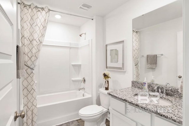bathroom featuring toilet, shower / bathtub combination with curtain, and vanity
