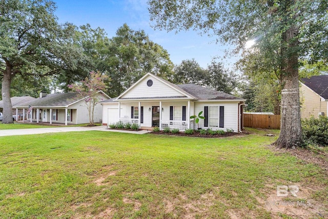 view of front of home featuring a garage, a front yard, and a porch