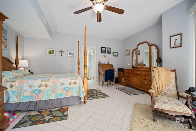 bedroom with light tile patterned floors and a ceiling fan