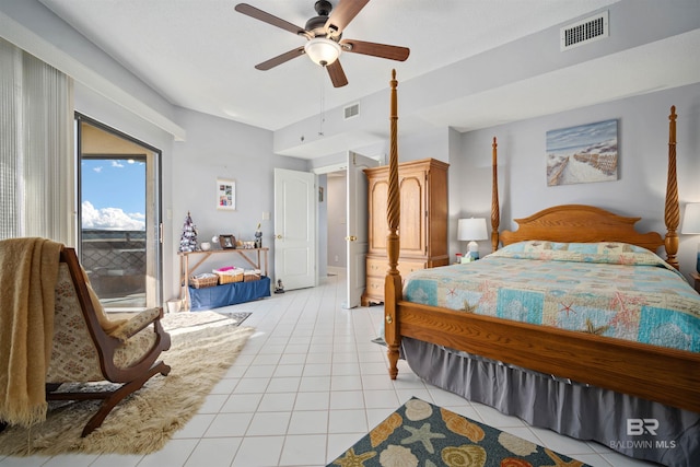 bedroom with visible vents, a ceiling fan, and light tile patterned floors