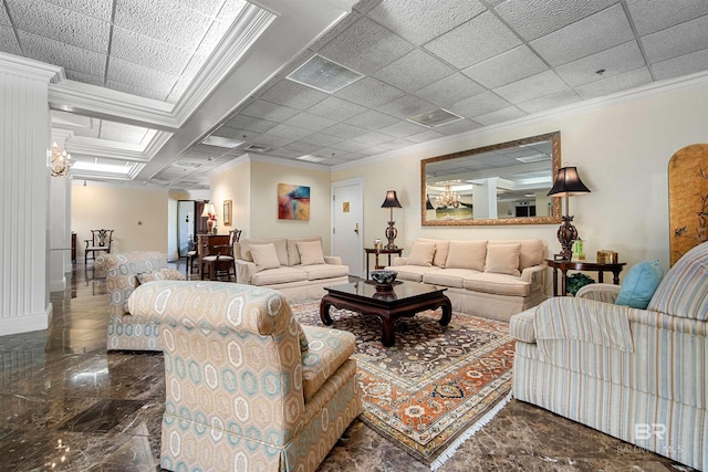 living room with crown molding and marble finish floor