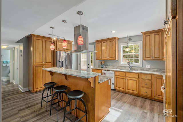 20011 Lawrence Rd, Fairhope, AL 36532 - kitchen featuring white dishwasher, stainless steel refrigerator with ice dispenser, a sink, wood finished floors, and recessed lighting
