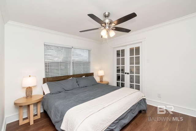 bedroom with dark hardwood / wood-style floors, ornamental molding, french doors, and ceiling fan