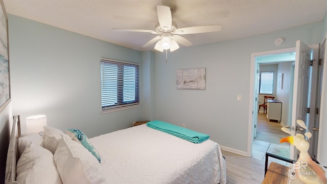 bedroom with light hardwood / wood-style flooring and ceiling fan