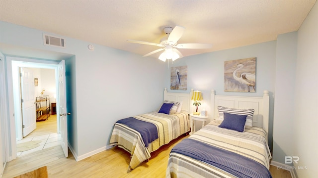 bedroom with ceiling fan and light wood-type flooring