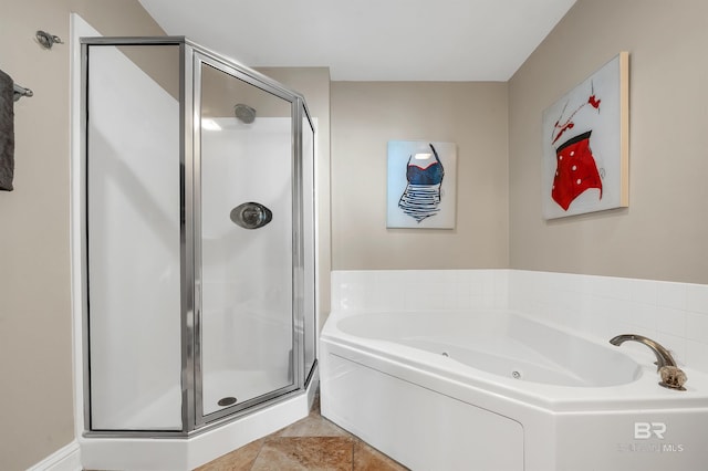 full bathroom with a stall shower and a tub with jets