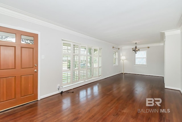 foyer with a notable chandelier, wood finished floors, baseboards, and ornamental molding