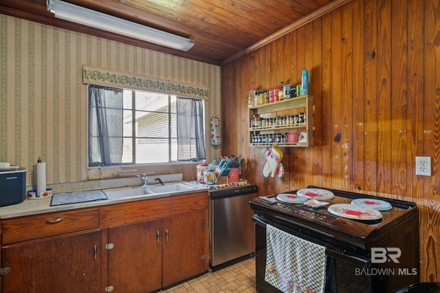 kitchen featuring wallpapered walls, dishwasher, light countertops, black electric range, and a sink