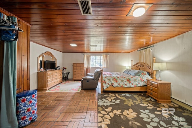 bedroom featuring a baseboard heating unit, wooden ceiling, brick floor, and visible vents