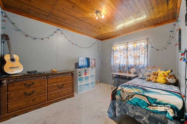 bedroom with a baseboard heating unit, carpet floors, wood ceiling, and crown molding