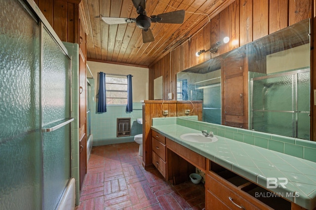 bathroom featuring vanity, a ceiling fan, brick floor, wood ceiling, and toilet