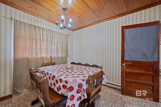 dining area with brick patterned floor, wooden ceiling, wallpapered walls, a baseboard radiator, and a chandelier