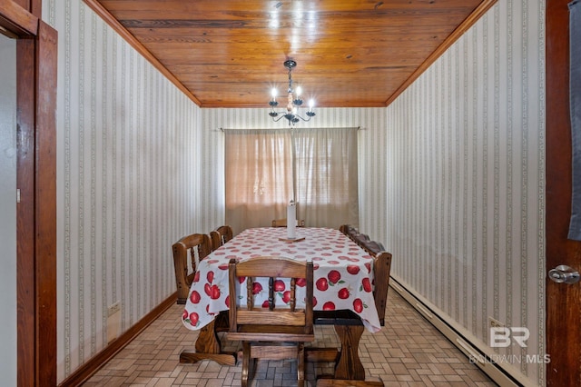 dining room with wooden ceiling, wallpapered walls, brick floor, and a baseboard radiator