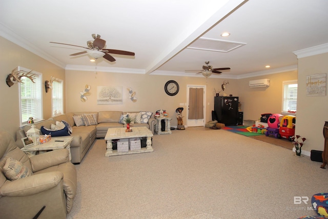 living room with ceiling fan, carpet flooring, an AC wall unit, and a healthy amount of sunlight