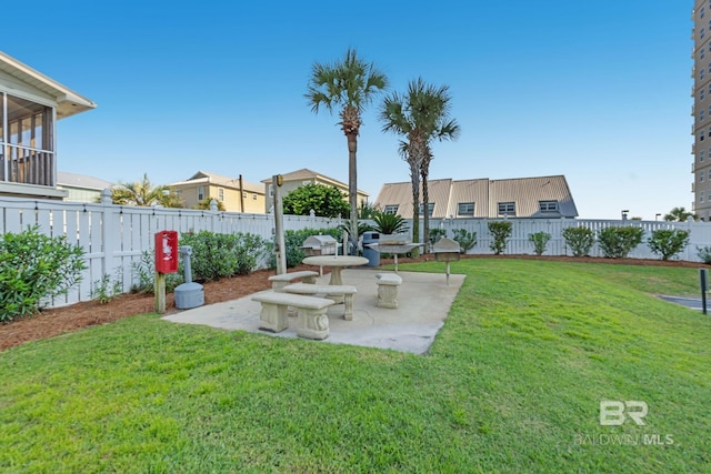view of yard with a fenced backyard and a patio