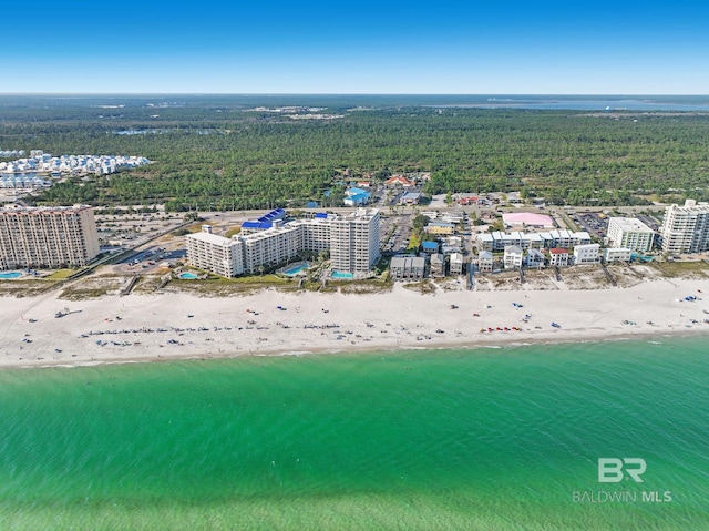 drone / aerial view with a beach view, a water view, and a view of city