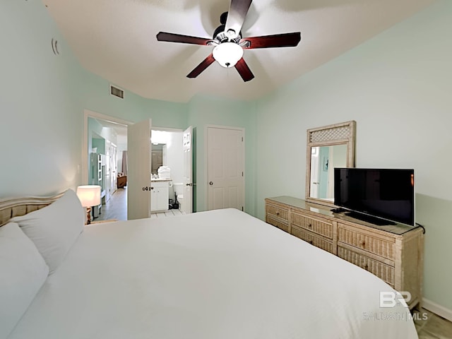 bedroom with visible vents, ceiling fan, and ensuite bathroom